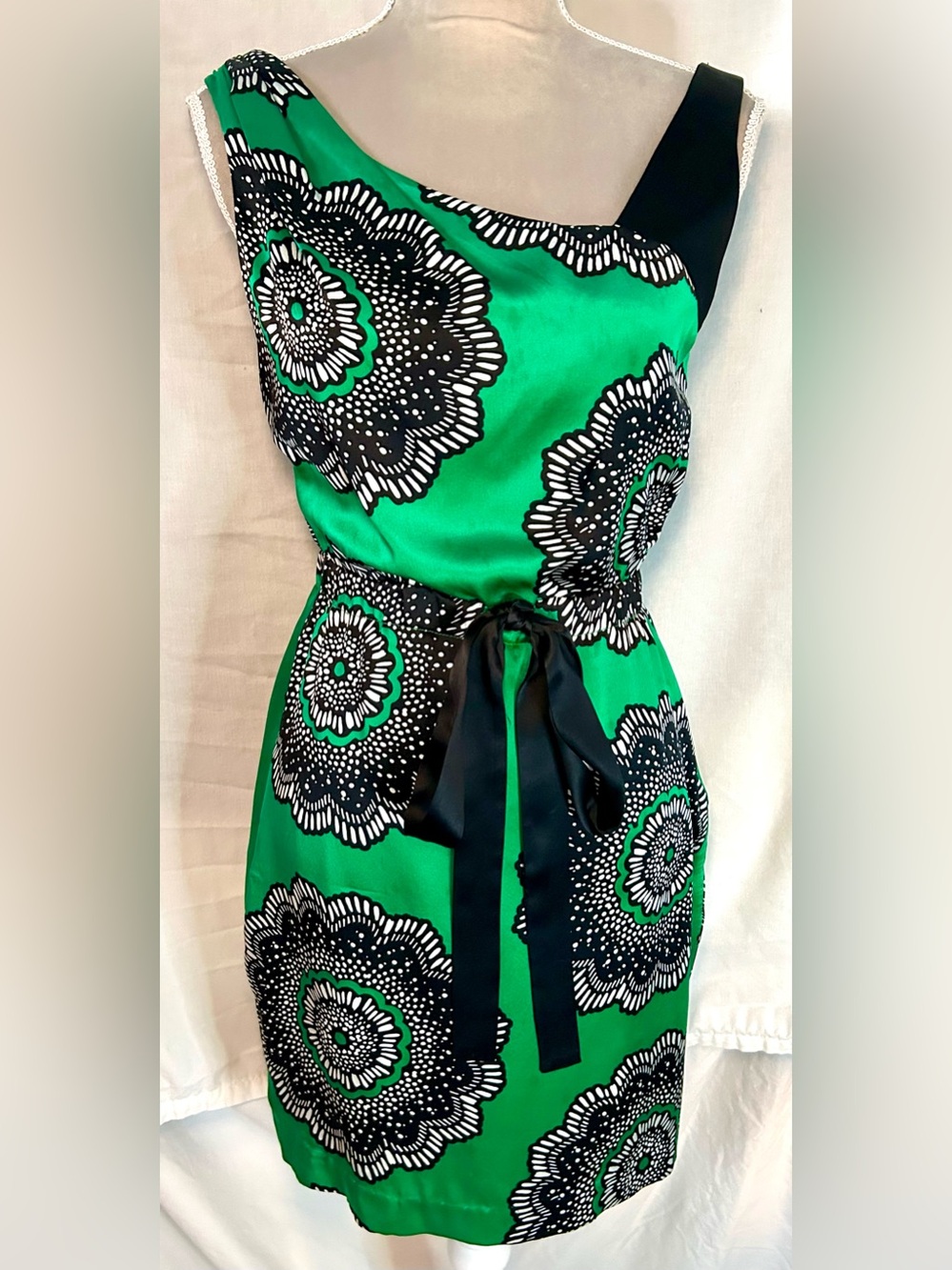 Yoana Baraschi Green, Black Floral Asymmetrical Silk Cocktail Dress, Size S